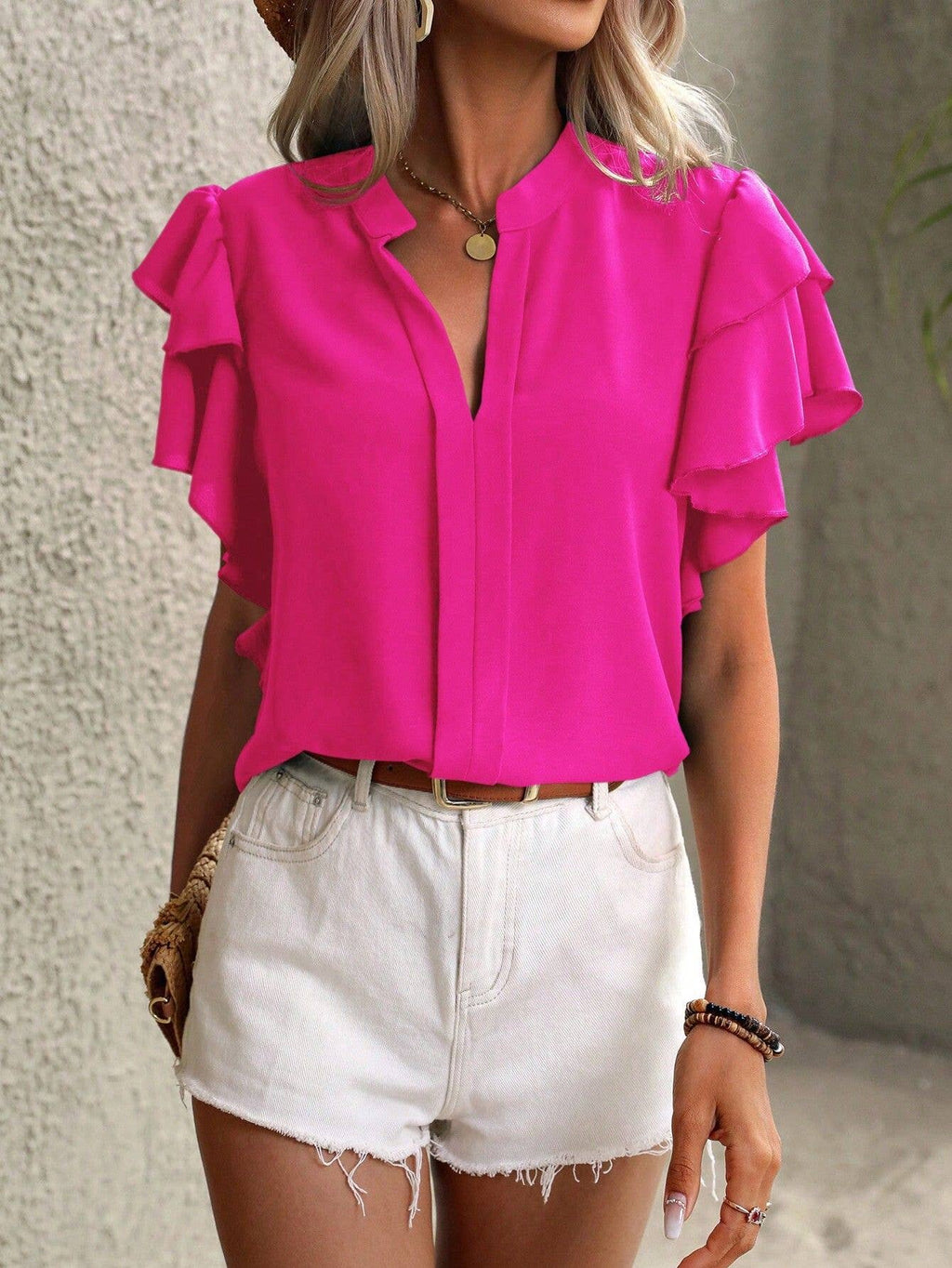 V-Neck Double-Layer Lotus Leaf Sleeve Solid Color Casual Top