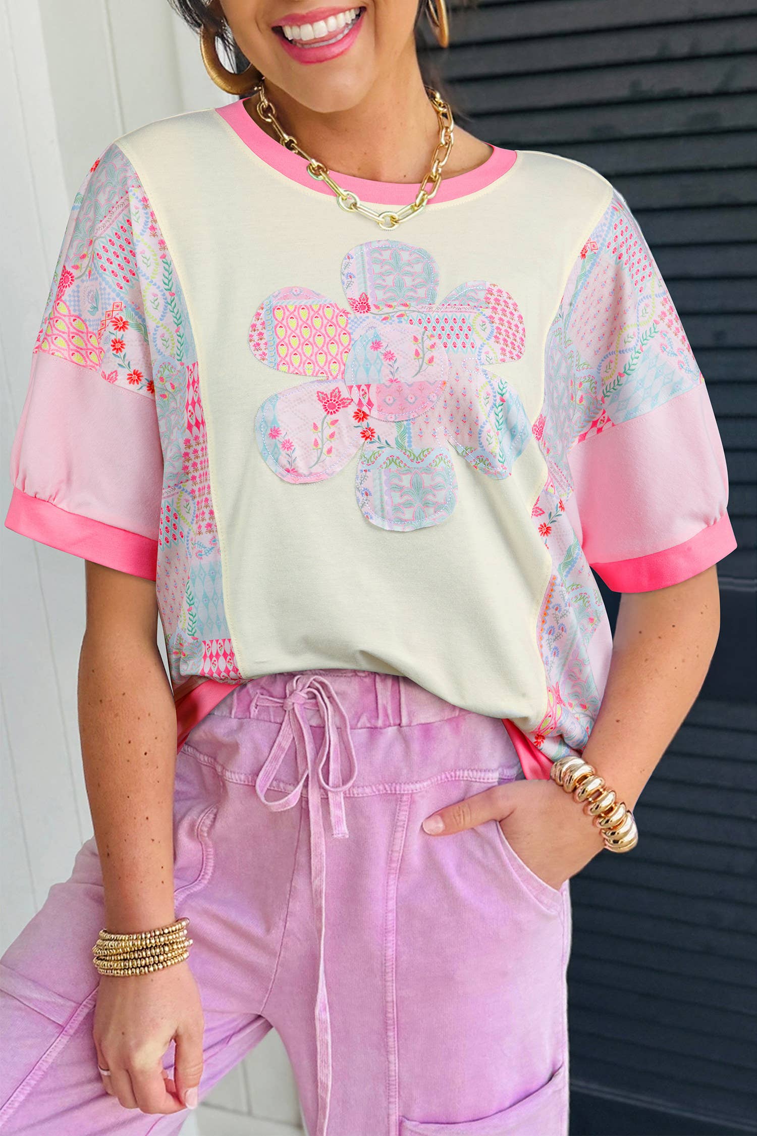 Plus Size Boho Patchwork Flower Power Round Neck Tee (S-4X)