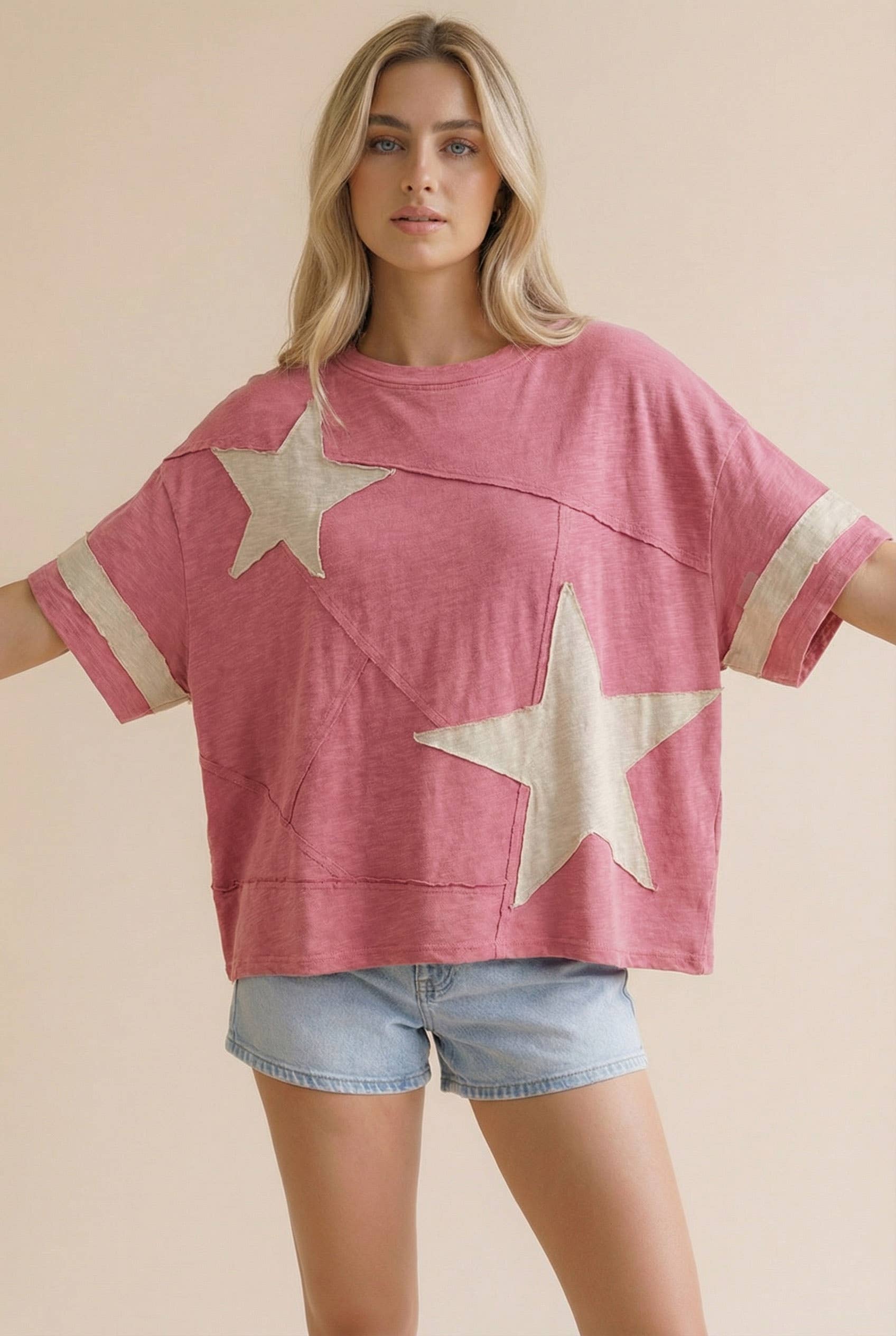 Star Patchwork Cotton Slub Knit Top