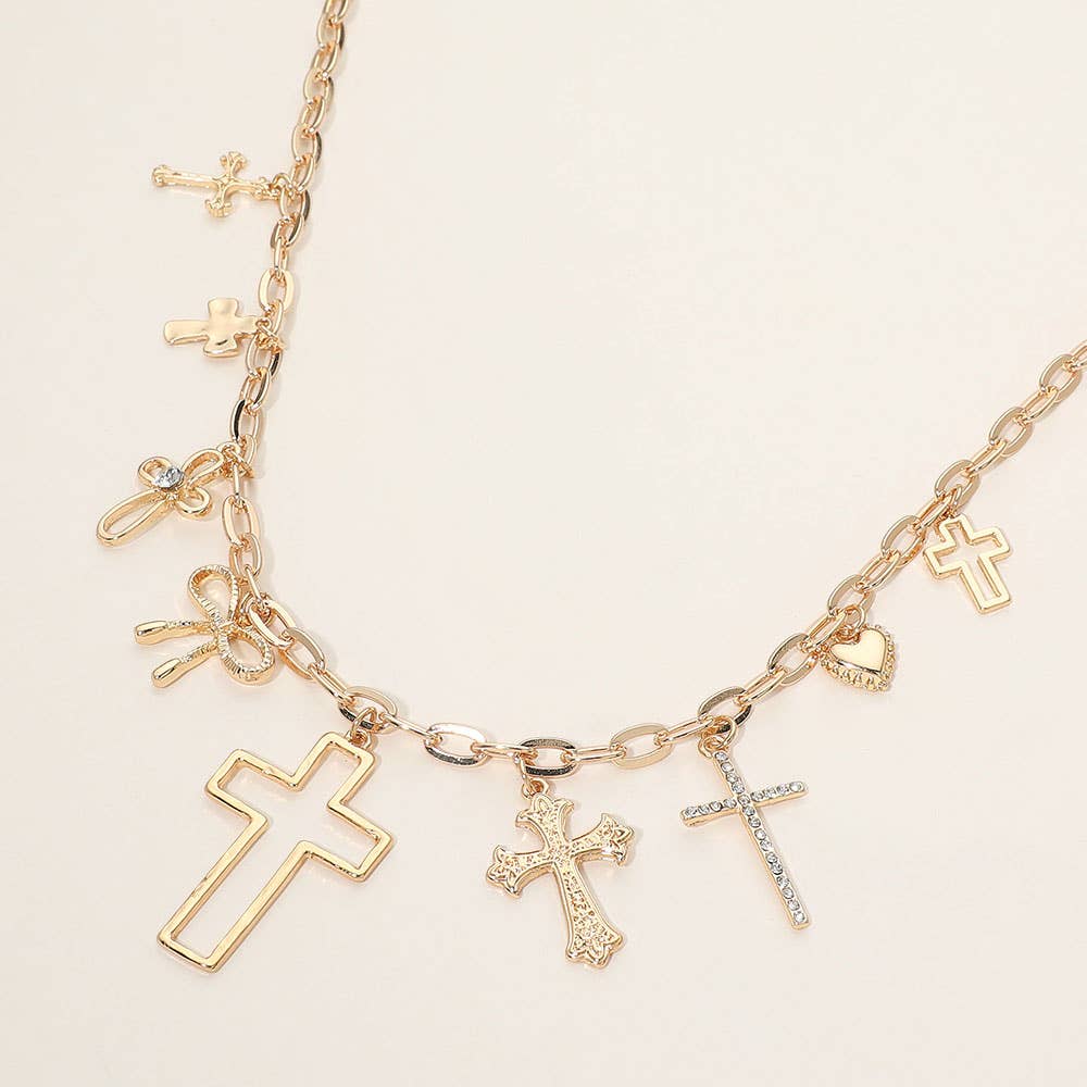 Cross Bow Heart Charm Station Necklace