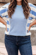 Plus Size Striped Raised Ribbed Knit Contrast Patchwork Tee