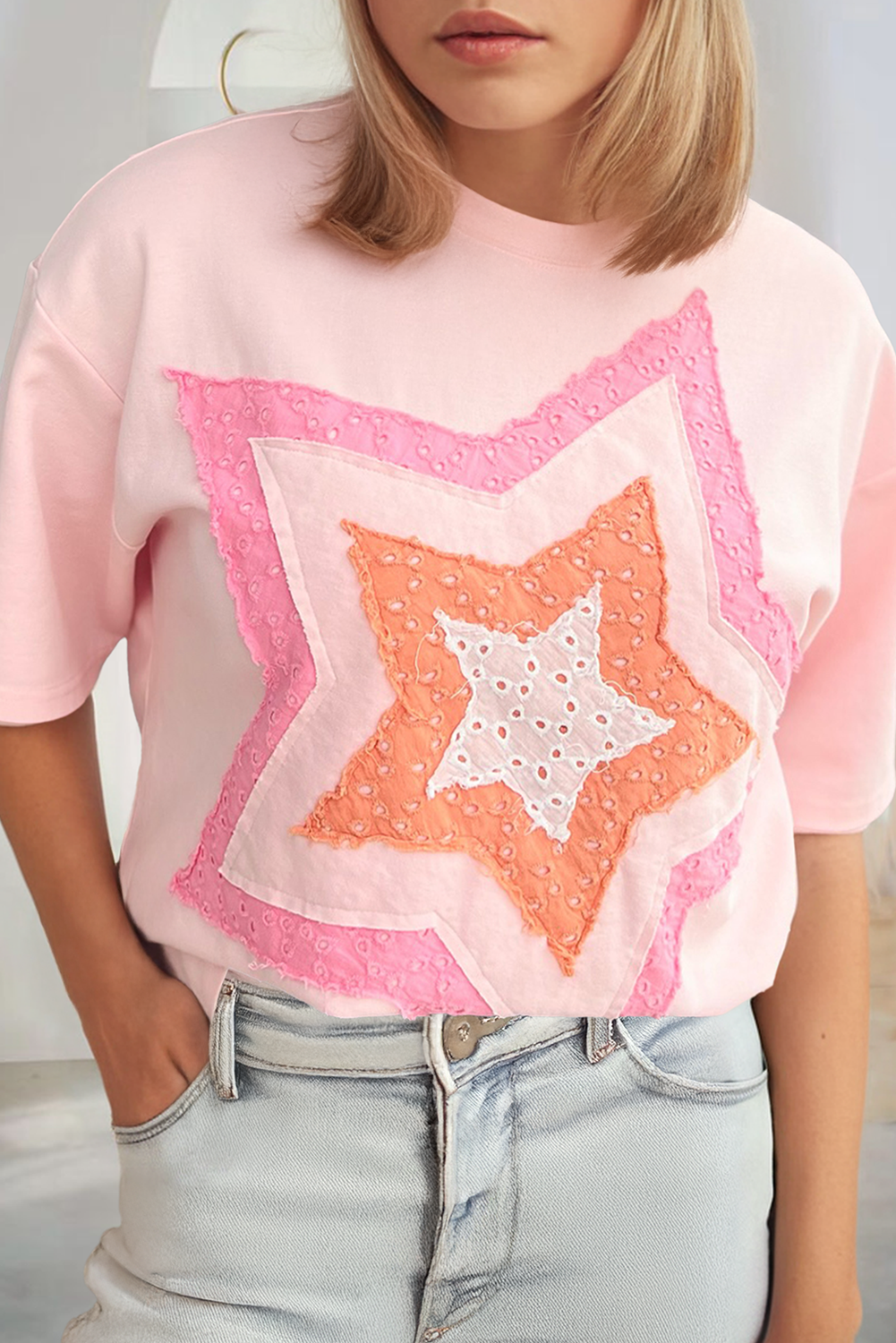 Eyelet Lace Star Applique Plus Size T Shirt