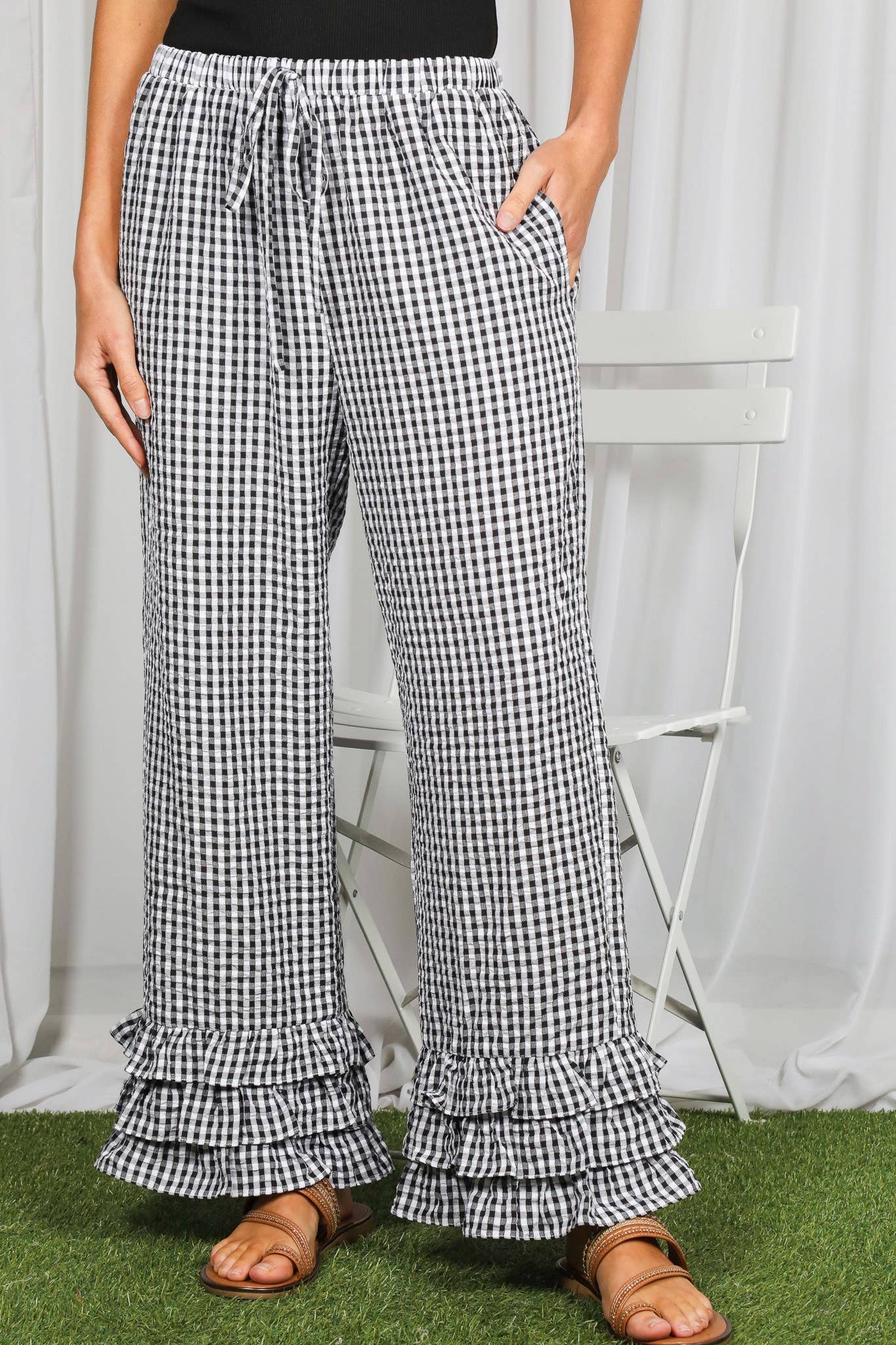 Gingham Layered Ruffle Hem Cropped Pants VP83333A
