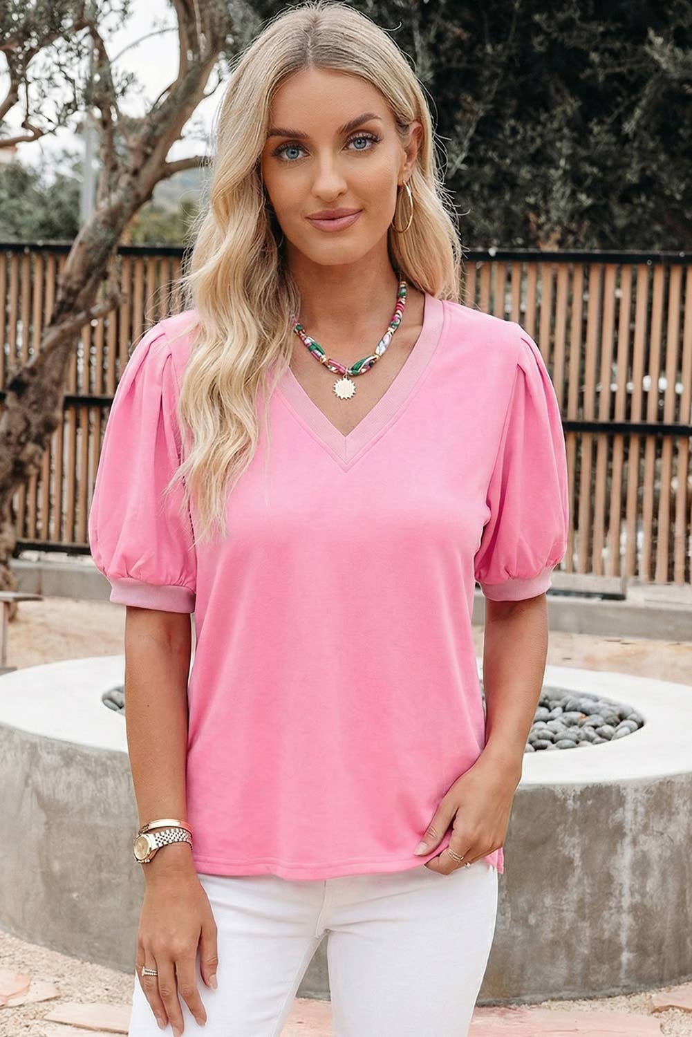 Plus Size Solid Color V Neck Short Puff Sleeve Blouse (S-4X)