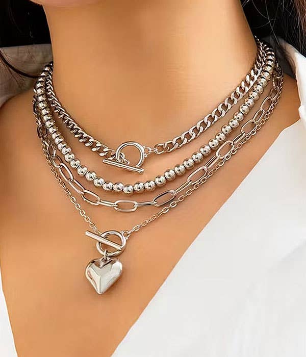 ( H612 )  HEART PENDANT 4 CHAIN NECKLACE SET