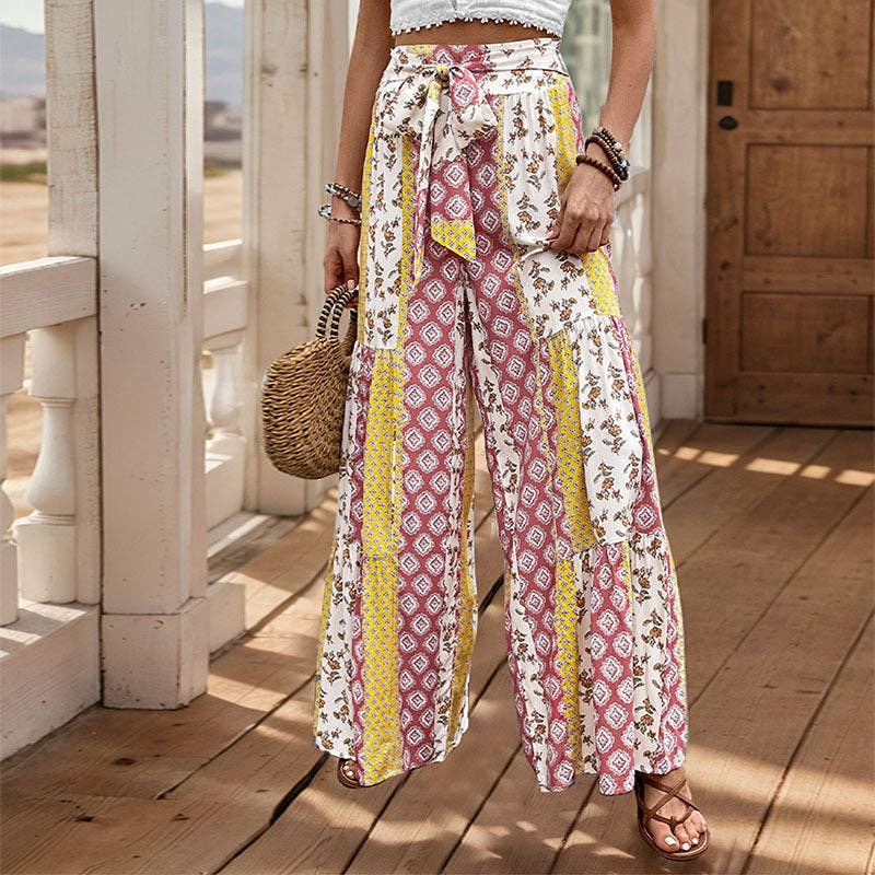 Printed Rayon Pants Boho Tie Waist Wide Leg