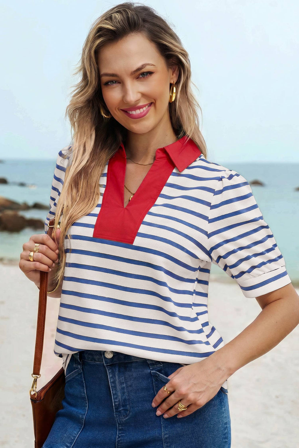 Short Puff Sleeve Color Block Polo Collar Blouse