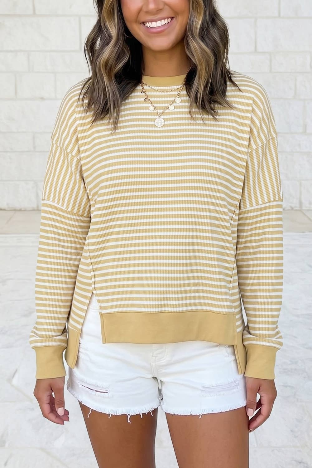 Stripe Contrast Trim Long Sleeve Split Hem Pullover Top