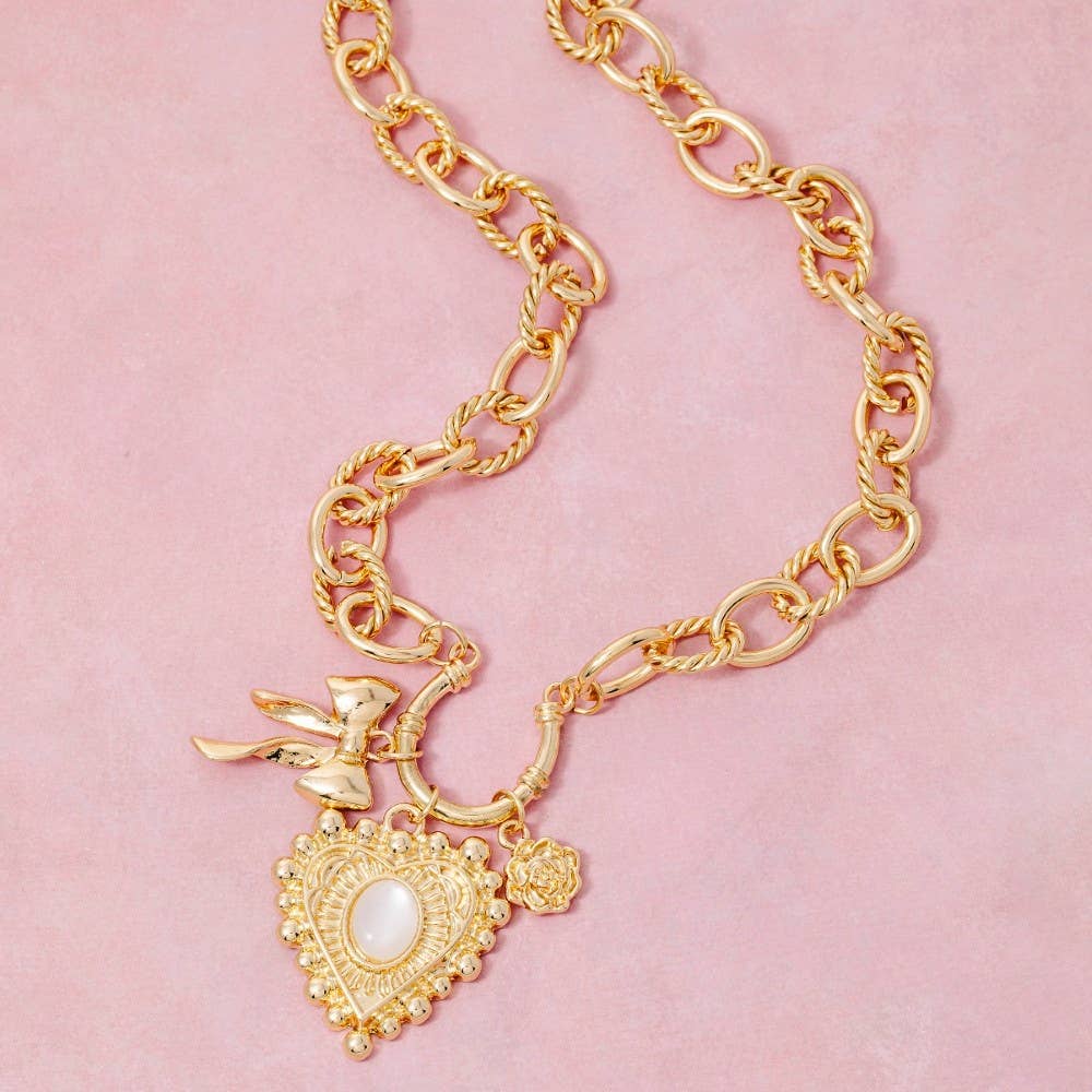 Heart And Ribbon Bow Pendants Chain Necklace