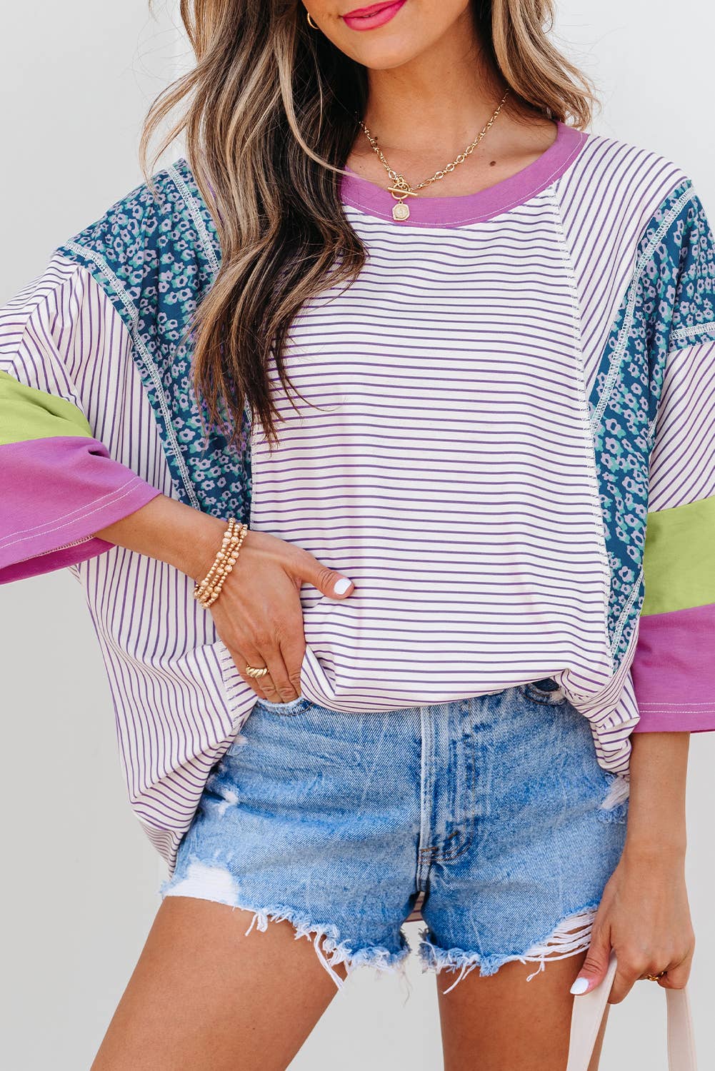 Stripe Floral Raw Edge Patchwork Bracelet Sleeve Top | S-XL