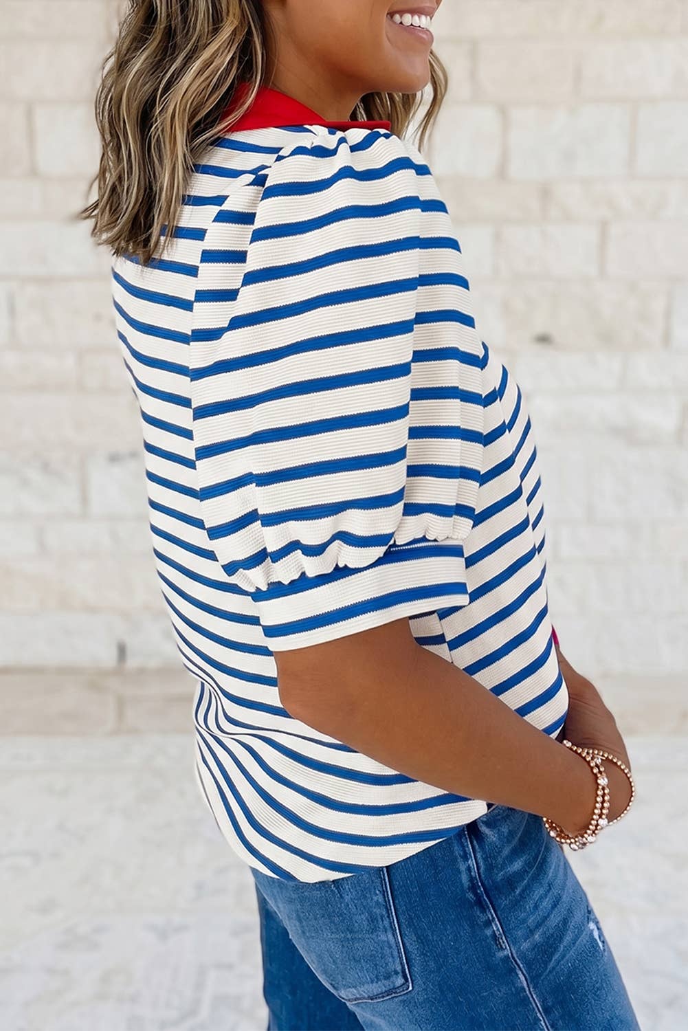 Short Puff Sleeve Color Block Polo Collar Blouse