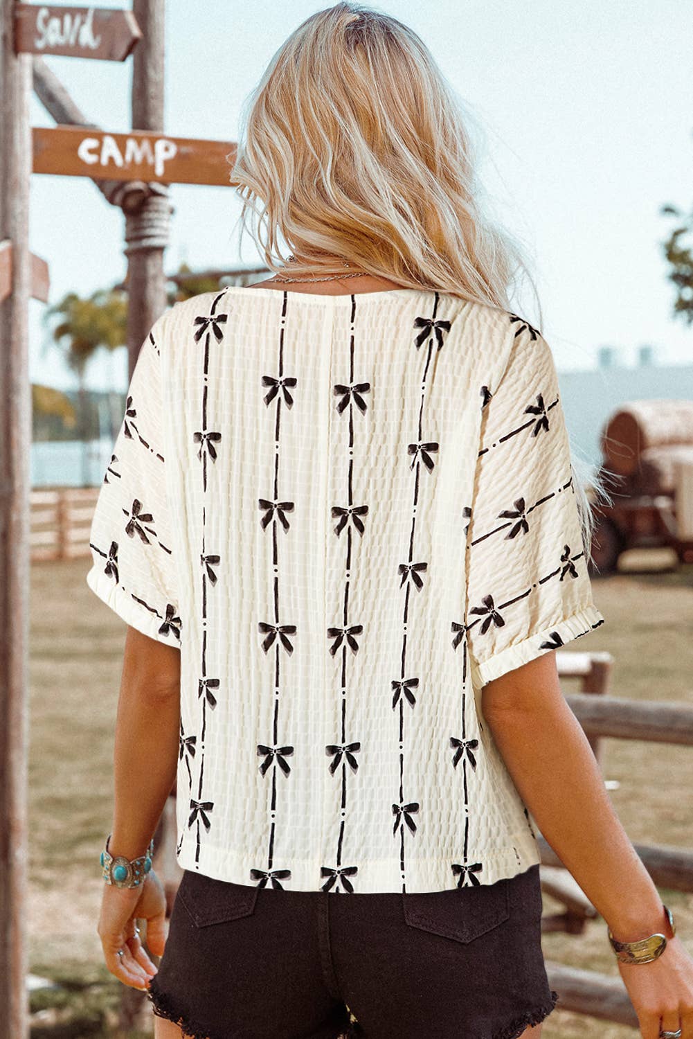 Spring Fashion-W Bow Print Puff Short Sleeve Top