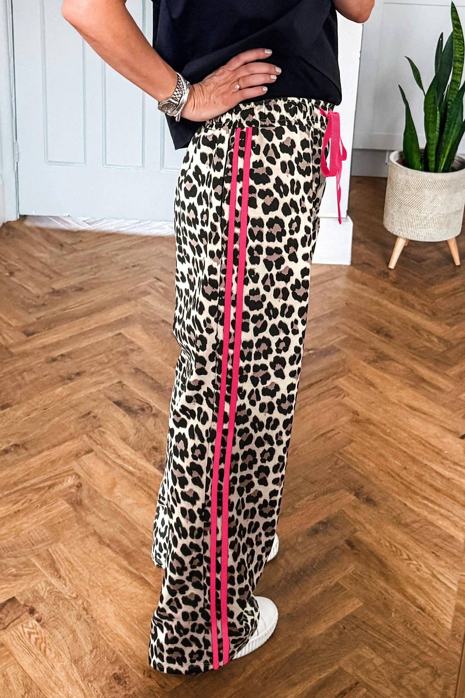 Rose Side Stripe Leopard Wide leg Trousers