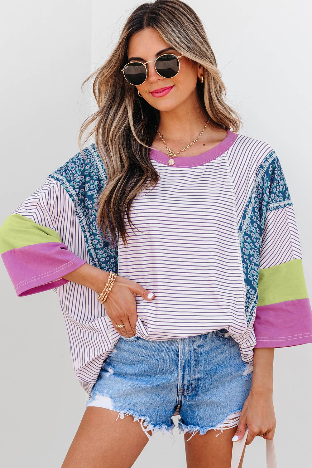 Stripe Floral Raw Edge Patchwork Bracelet Sleeve Top | S-XL
