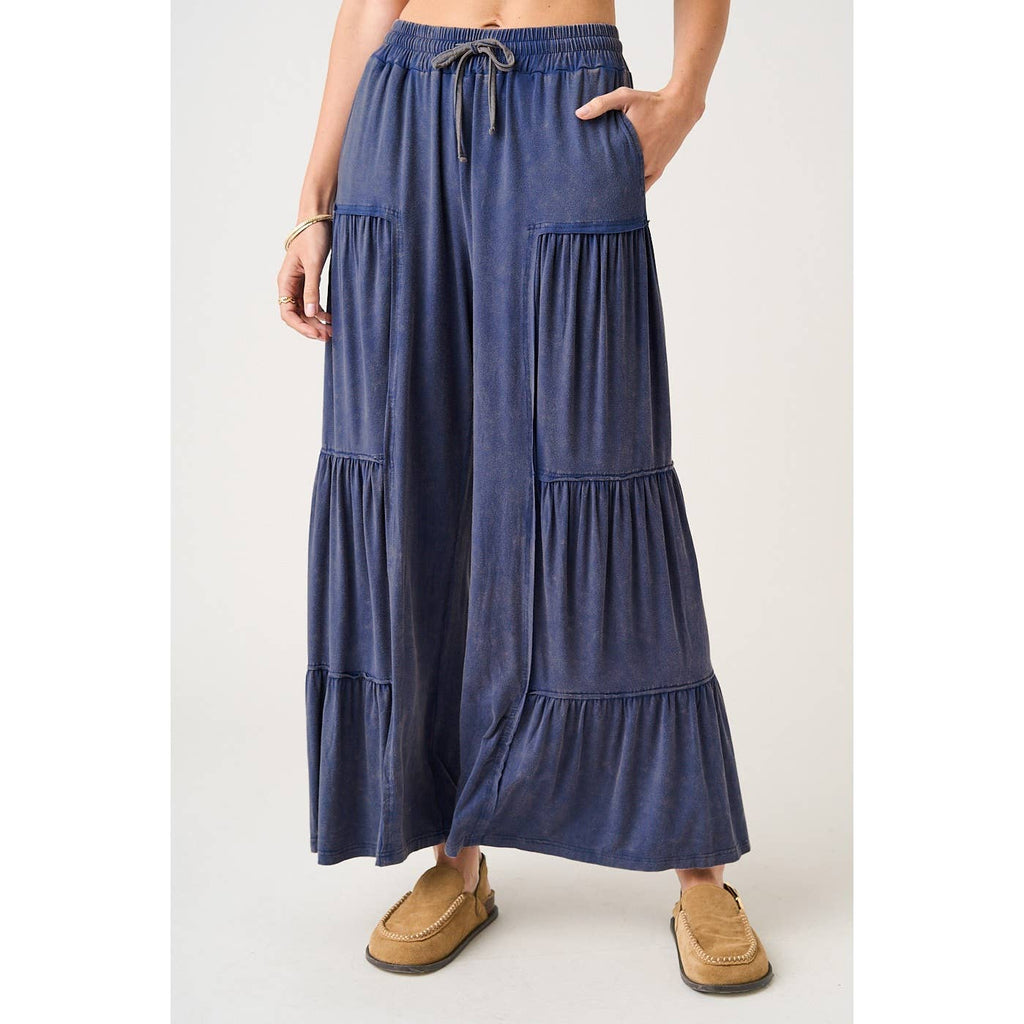 MINERAL WASH TIERED WIDE LEG ELASTIC WAIST PANTS