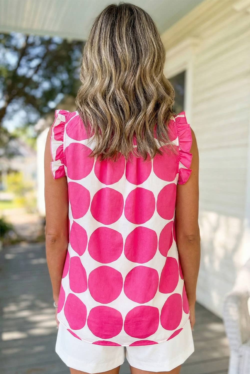 Polka Dot Print Frilled Round Neck Tank Top | S-XL