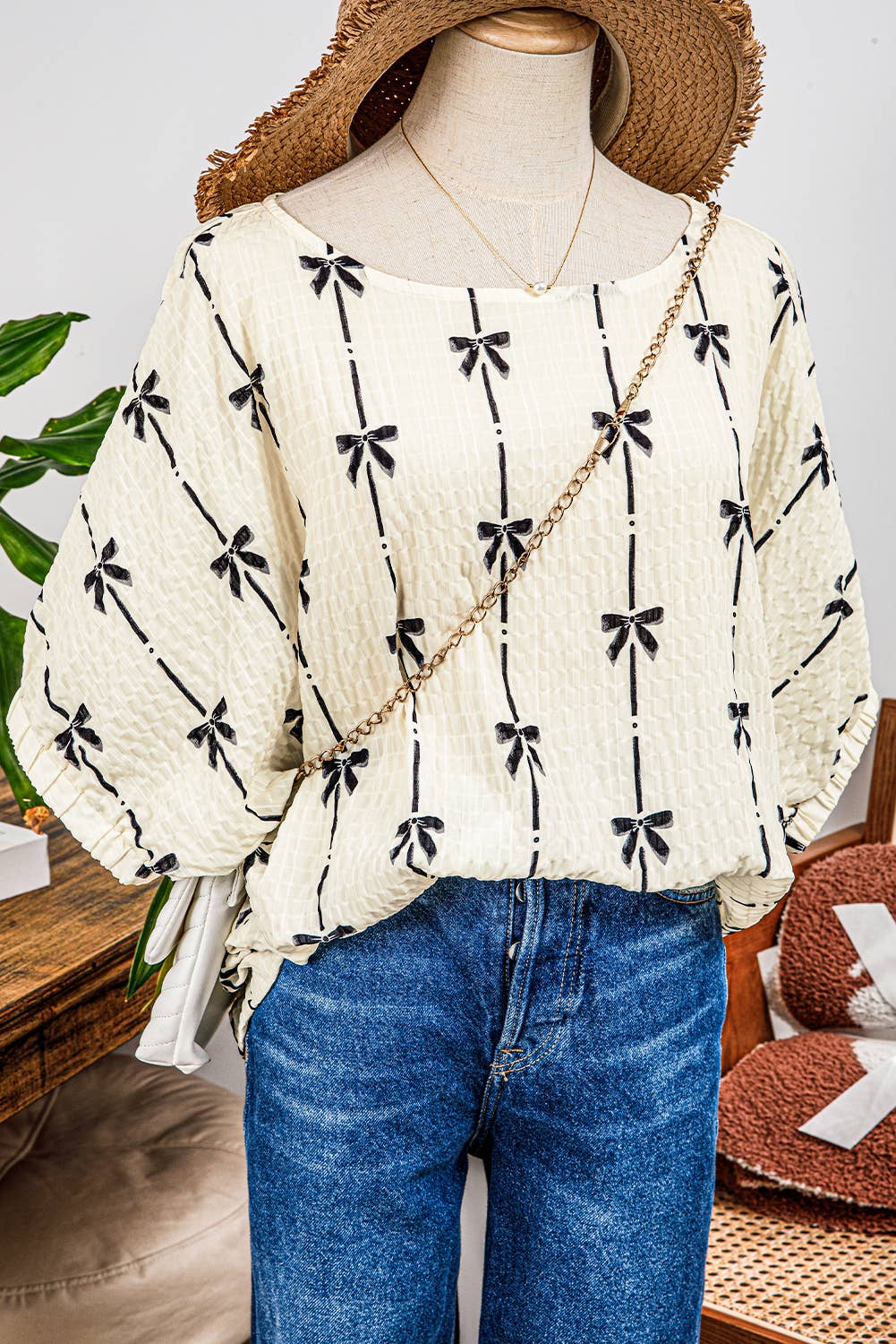 Spring Fashion-W Bow Print Puff Short Sleeve Top