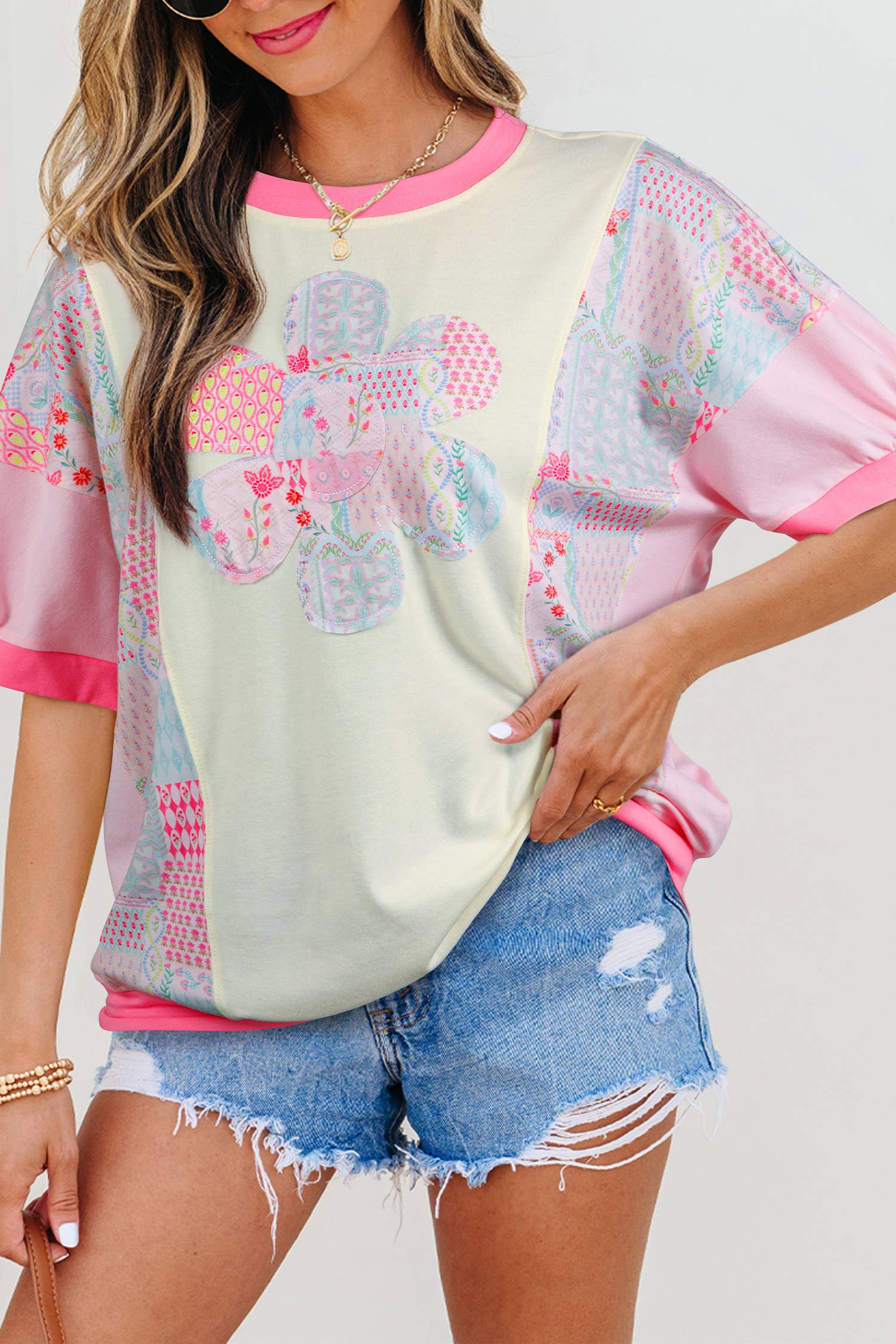 Plus Size Boho Patchwork Flower Power Round Neck Tee (S-4X)