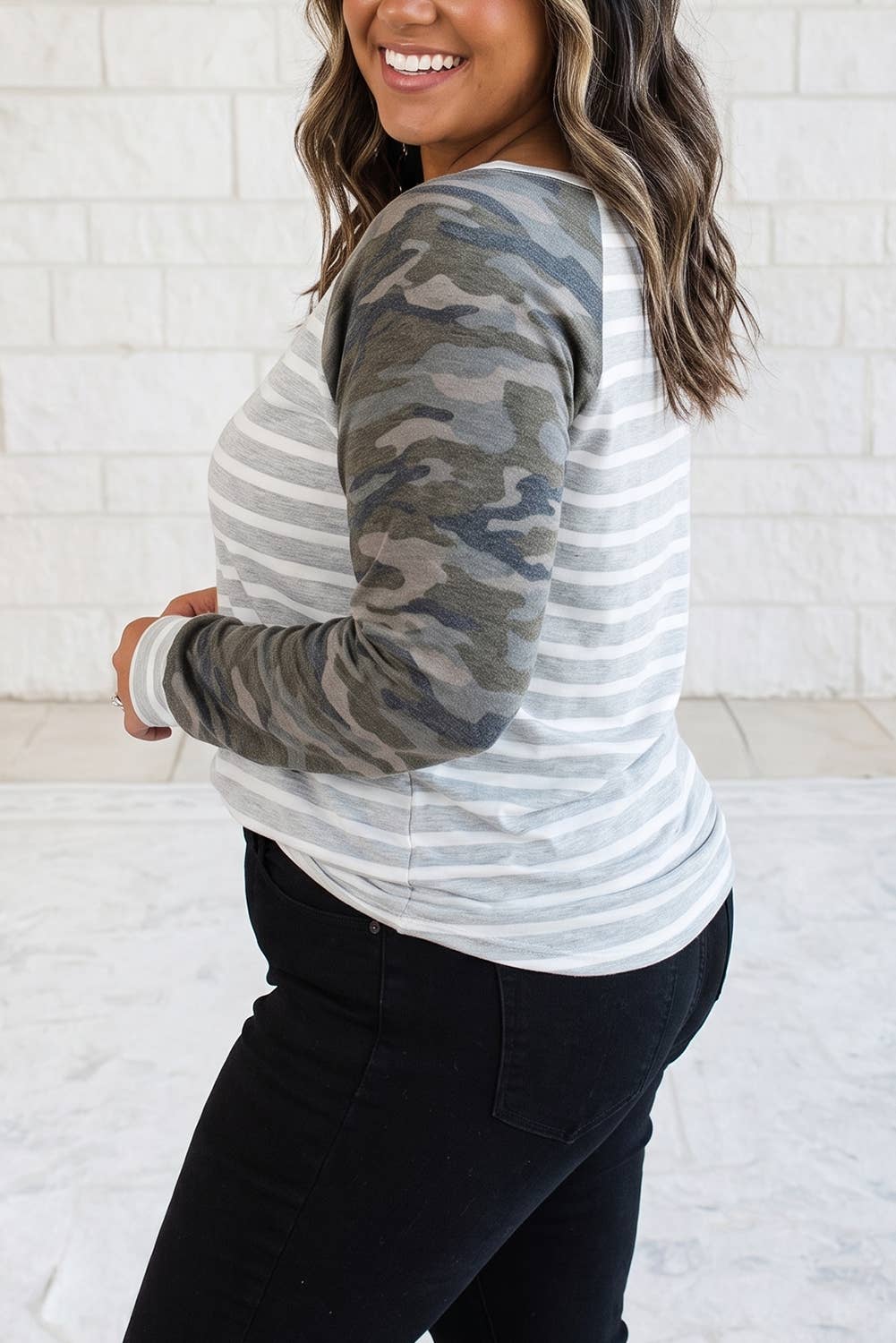 Striped Colorblock Round Neck Long Sleeve Plus Size Blouse