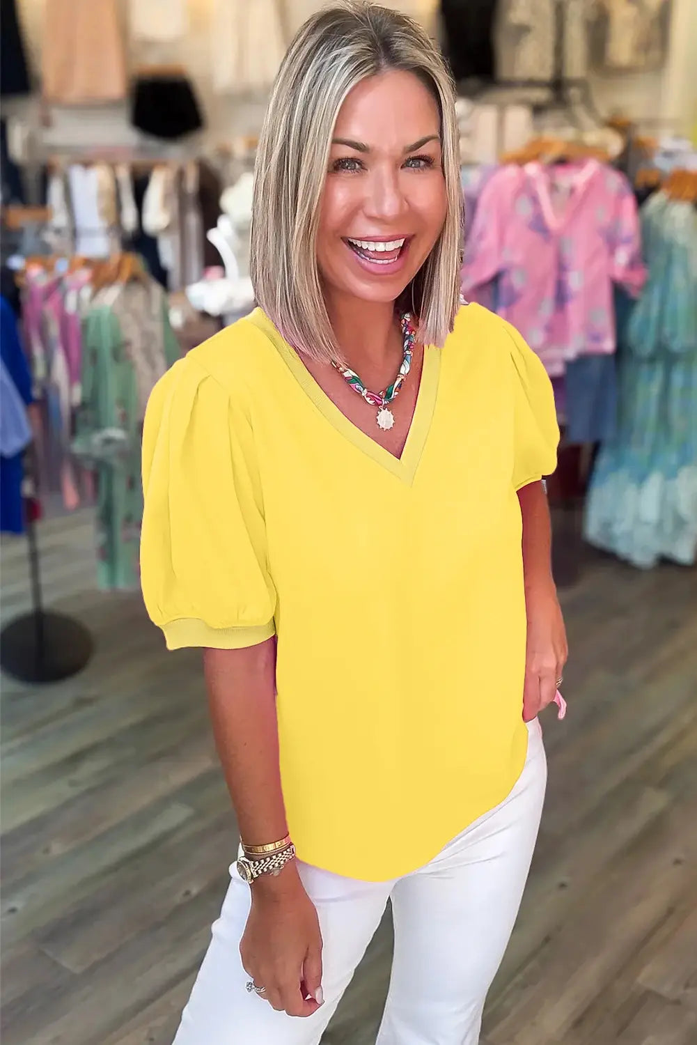 Bonbon Solid V Neck Puff Sleeve Lightweight Blouse Top