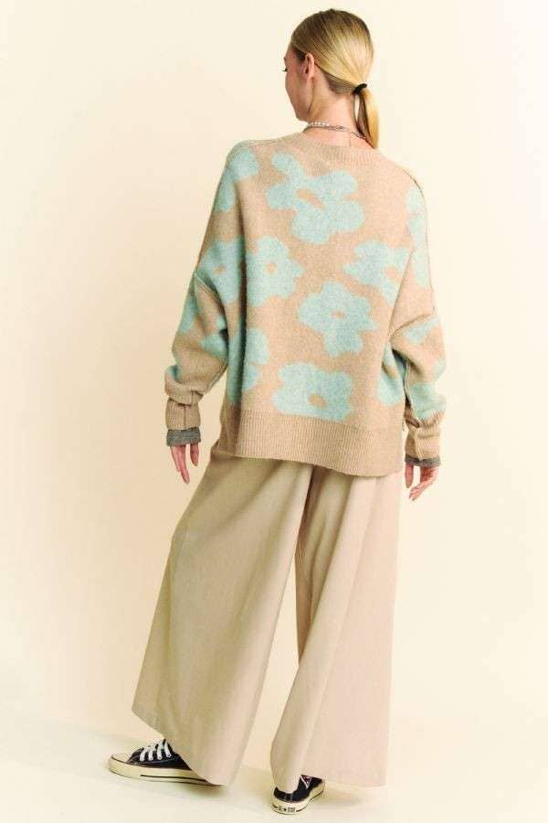 FLORAL LONG SLEEVE LOOSE FIT PULLOVER KNIT SWEATER