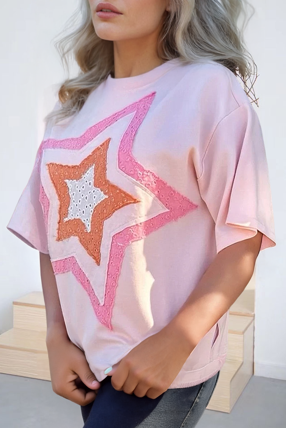 Eyelet Lace Star Applique Plus Size T Shirt