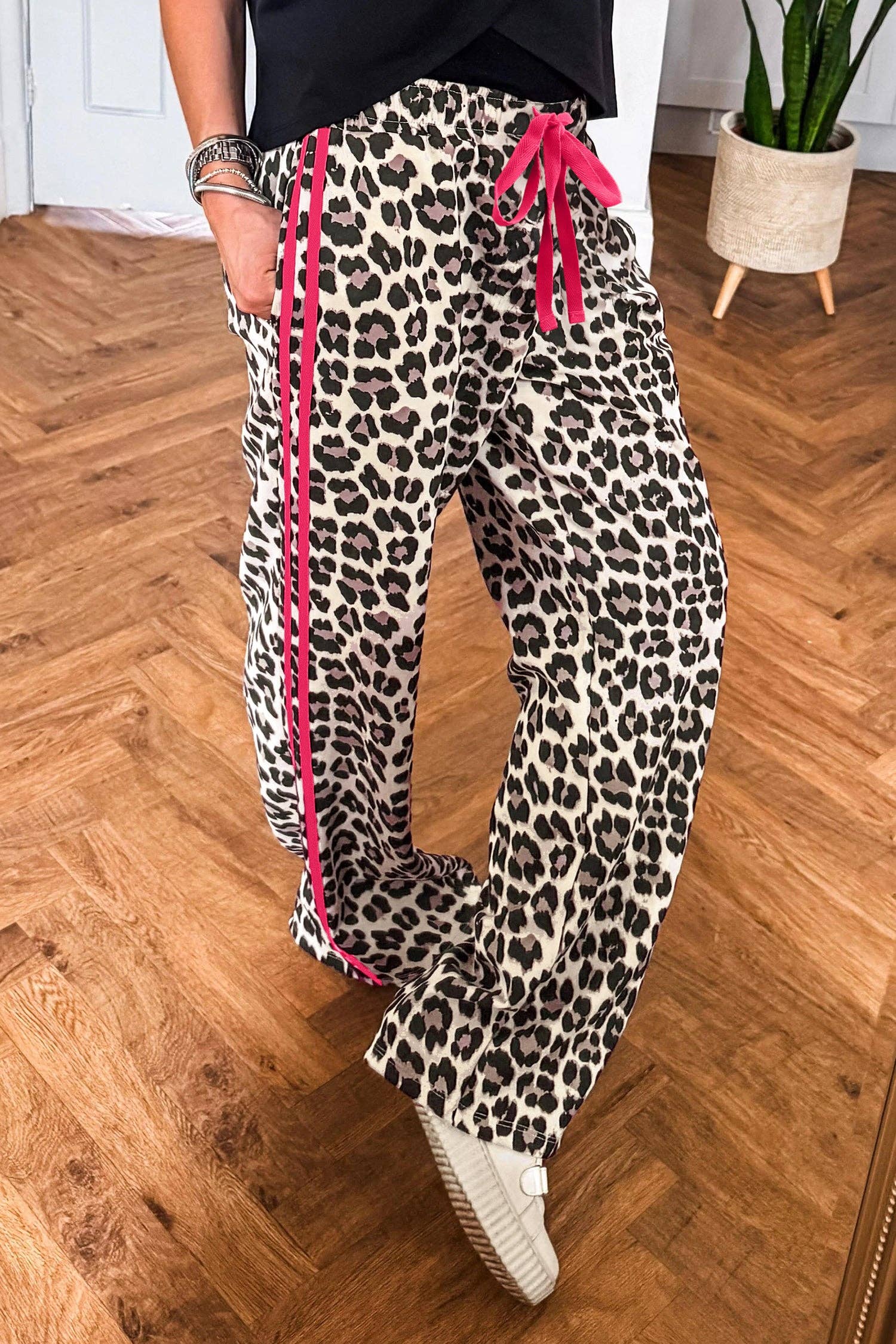 Rose Side Stripe Leopard Wide leg Trousers