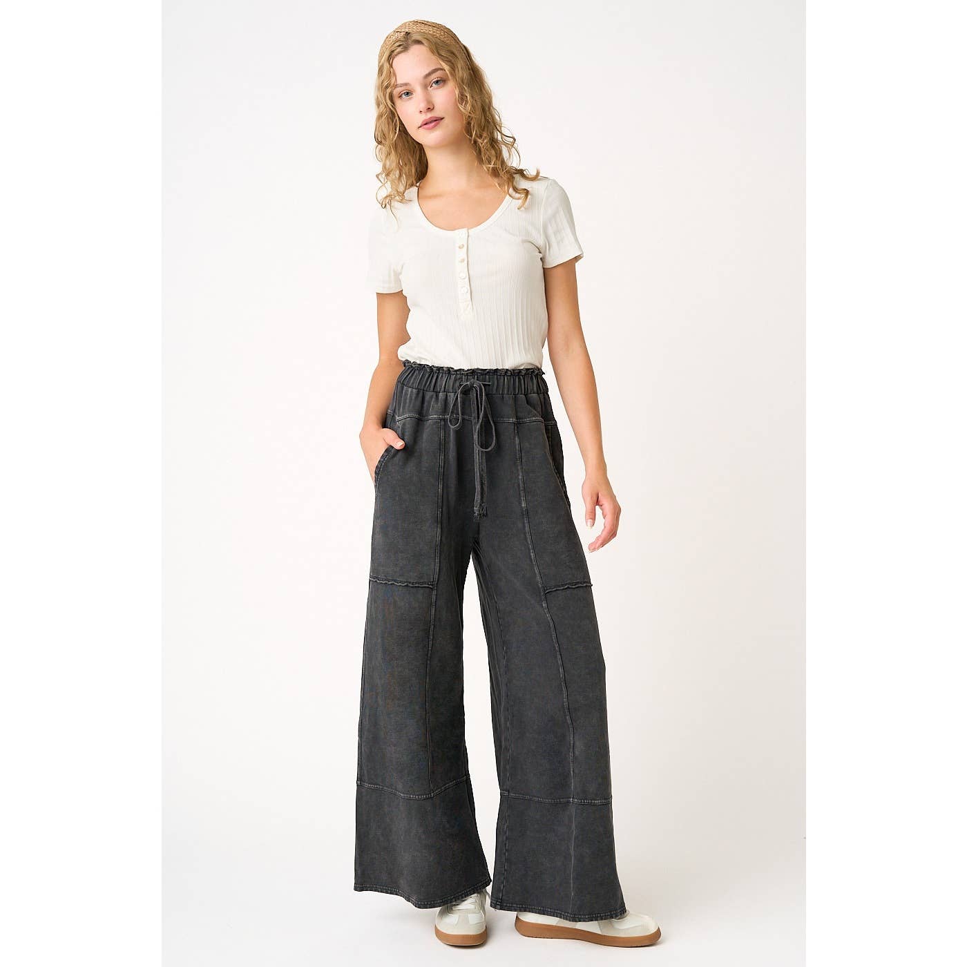 MINERAL WASH SEAM DETAIL WIDE LEG PANTS