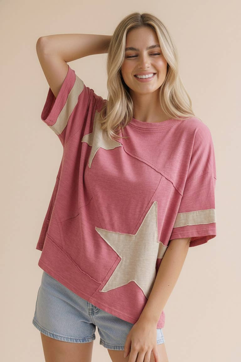 Star Patchwork Cotton Slub Knit Top