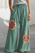 Floral Patch Drawstring Contrast Wide Leg Pants | S-XL