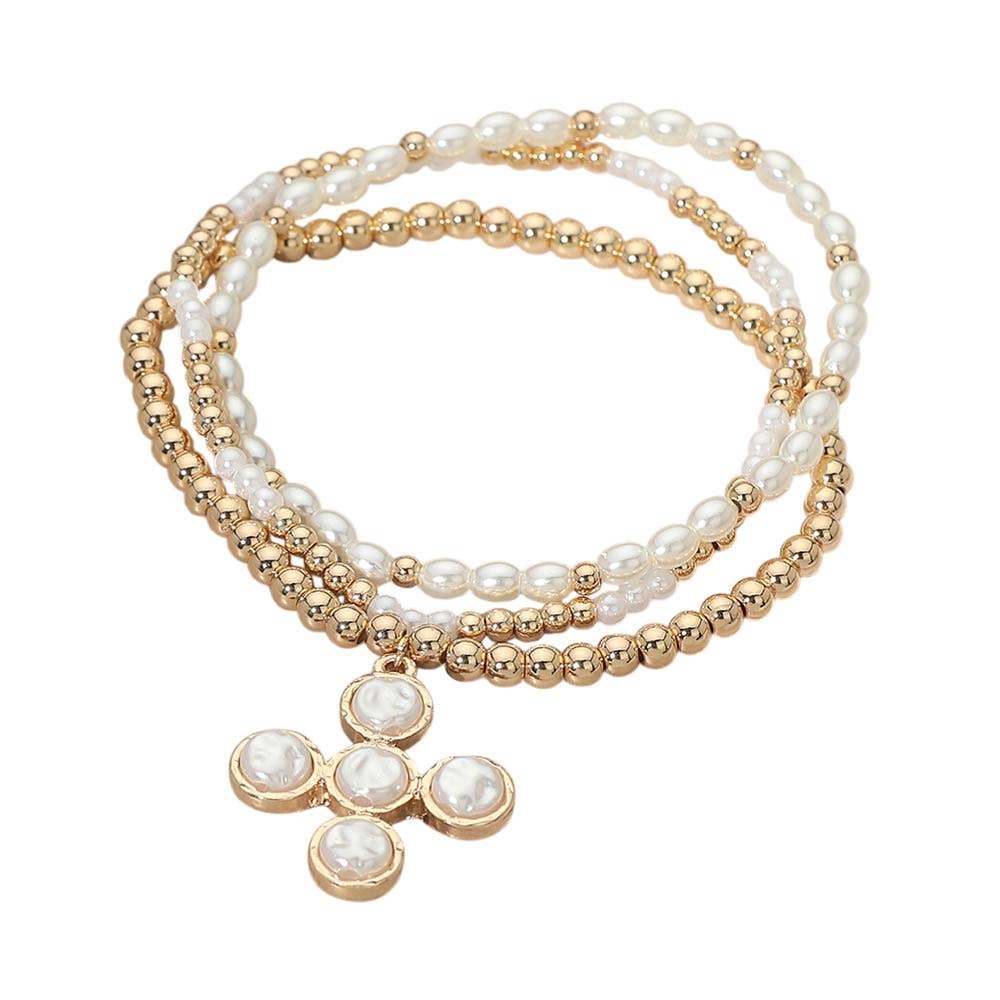 3PCS - Pearl Cross Charm Beaded Stretch Multi Layered Bracelets