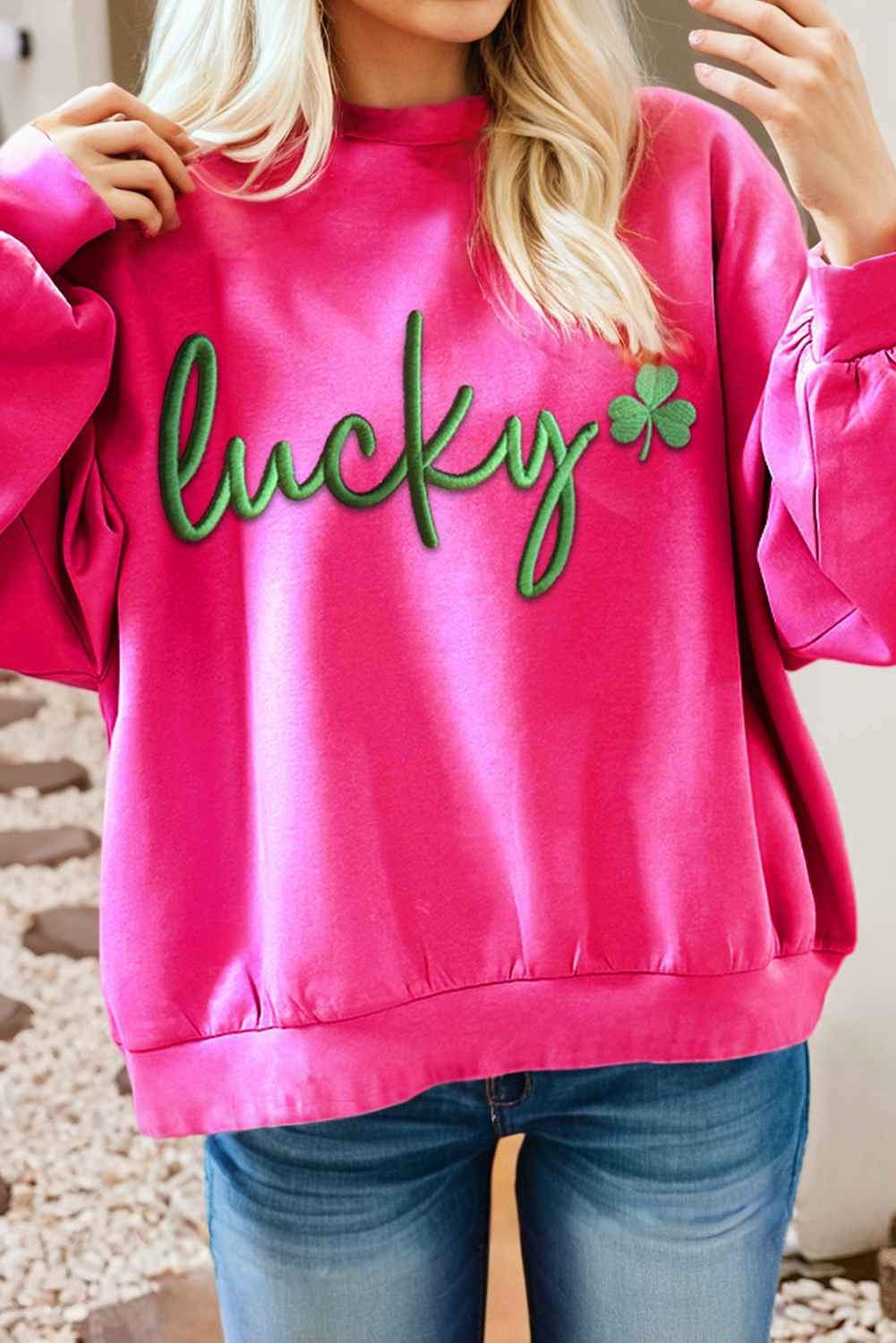 LDC St Patricks Lucky Embroidered Loose Pullover Sweatshirt
