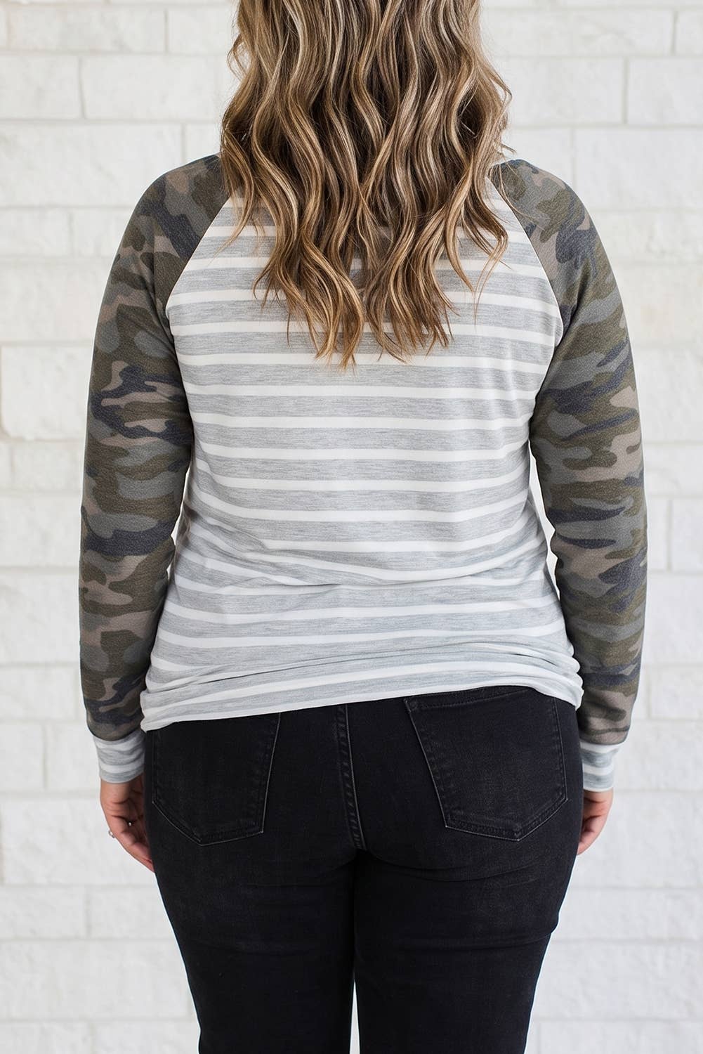 Striped Colorblock Round Neck Long Sleeve Plus Size Blouse