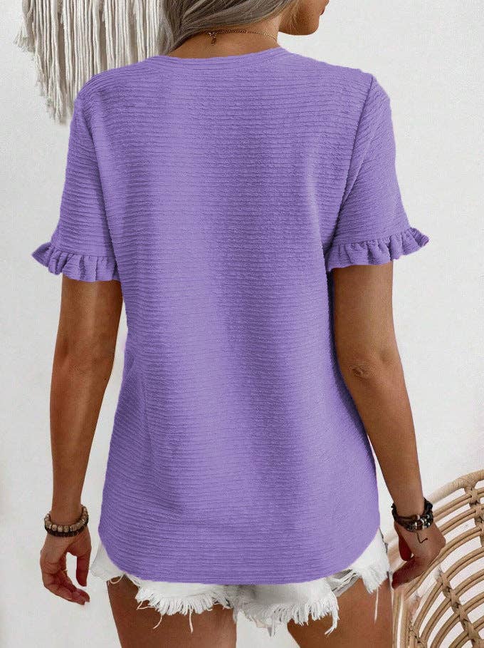 Ruffle Sleeve Round Neck Textured Top for Women