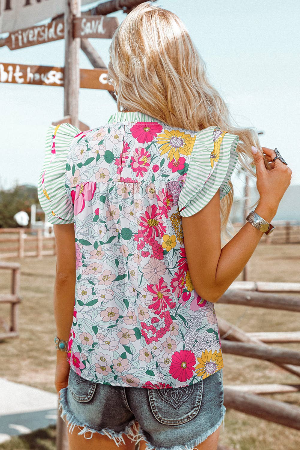 Fashion Floral Contrast Ruffle Trim Short Sleeve Boho Blouse