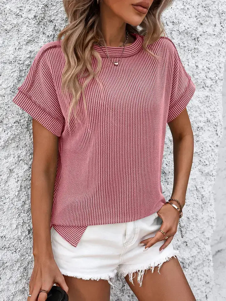 Pink Striped Textured T Shirt Loose Fit Short Sleeve Top