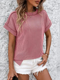 Pink Striped Textured T Shirt Loose Fit Short Sleeve Top