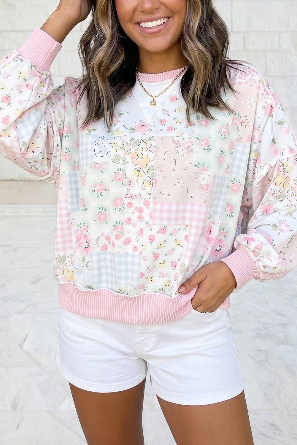 Floral Twisted Rib Patchwork Loose Long Sleeve Top S–4X
