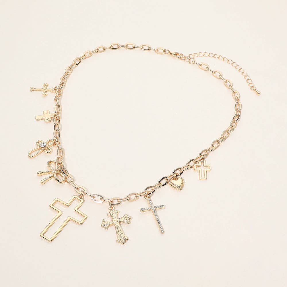 Cross Bow Heart Charm Station Necklace