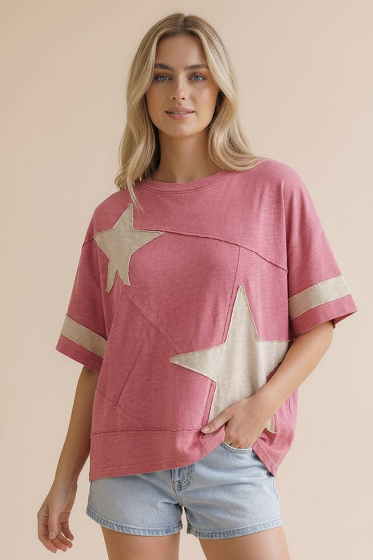 Star Patchwork Cotton Slub Knit Top