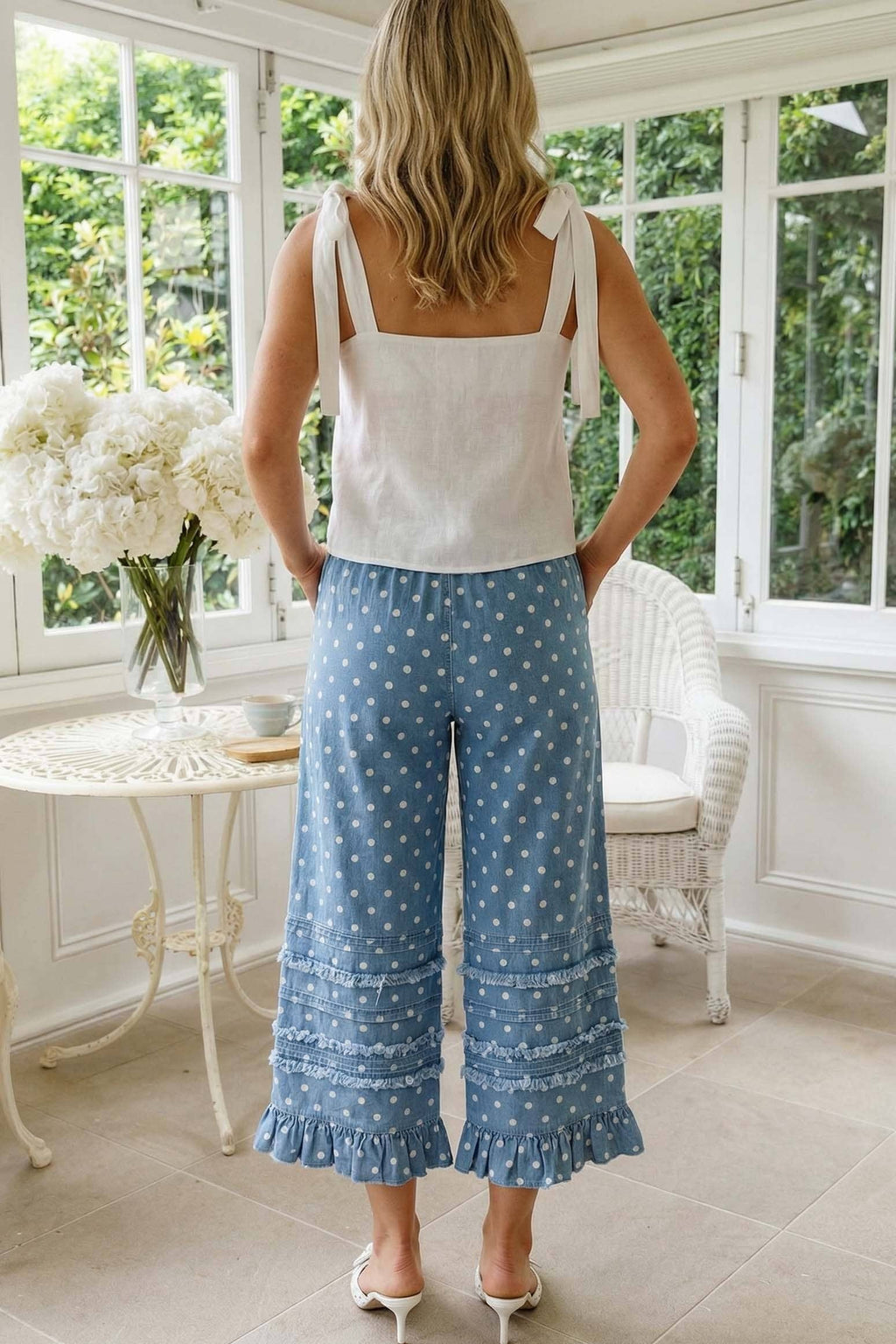 Polka Dot Flared Ruffle Crop Denim Pants