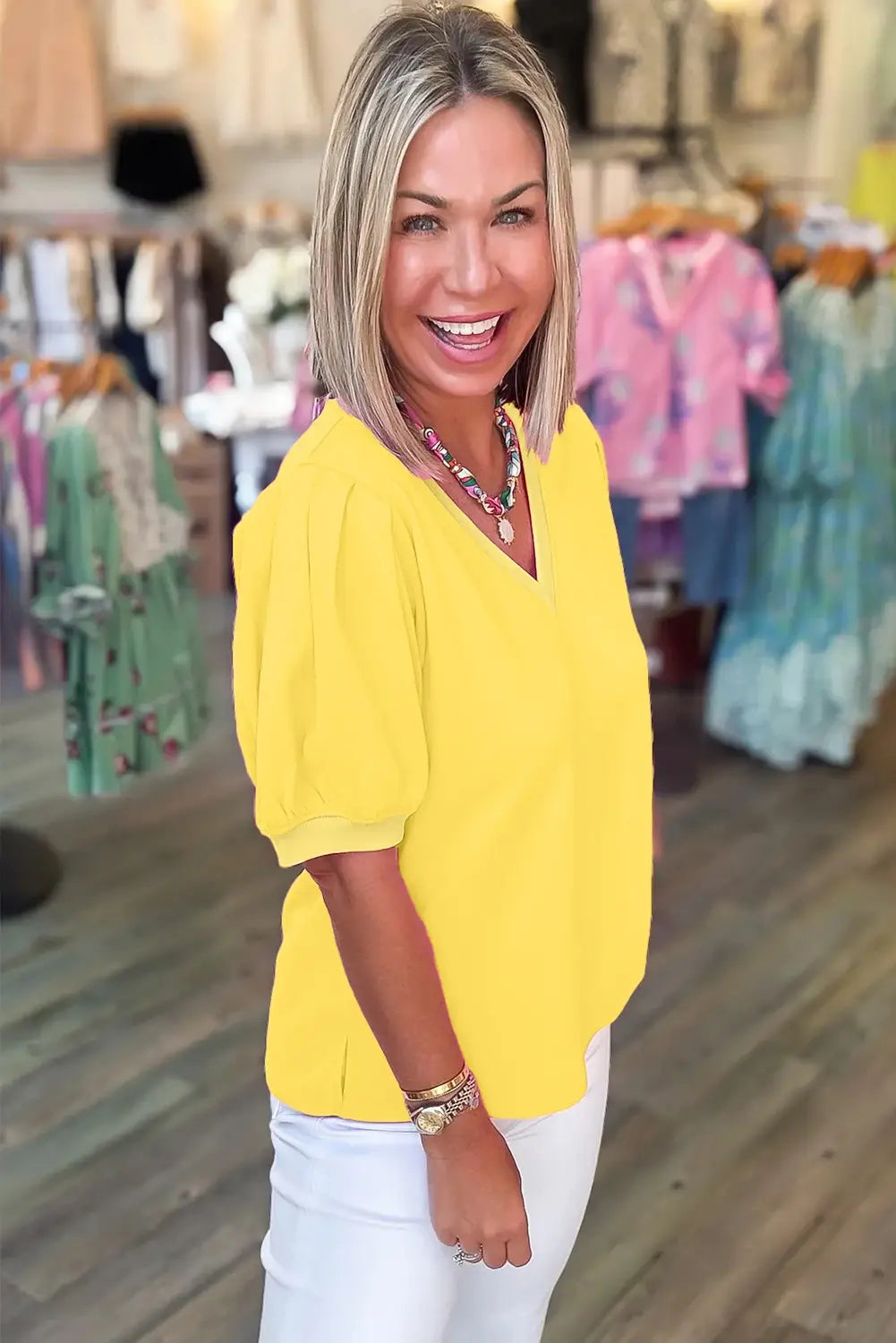 Bonbon Solid V Neck Puff Sleeve Lightweight Blouse Top