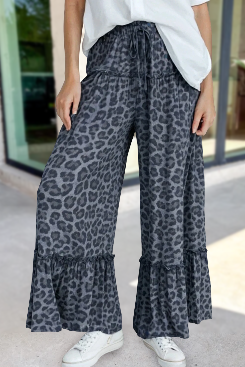 Bold Leopard Wide Leg Frilled Tiered Pants