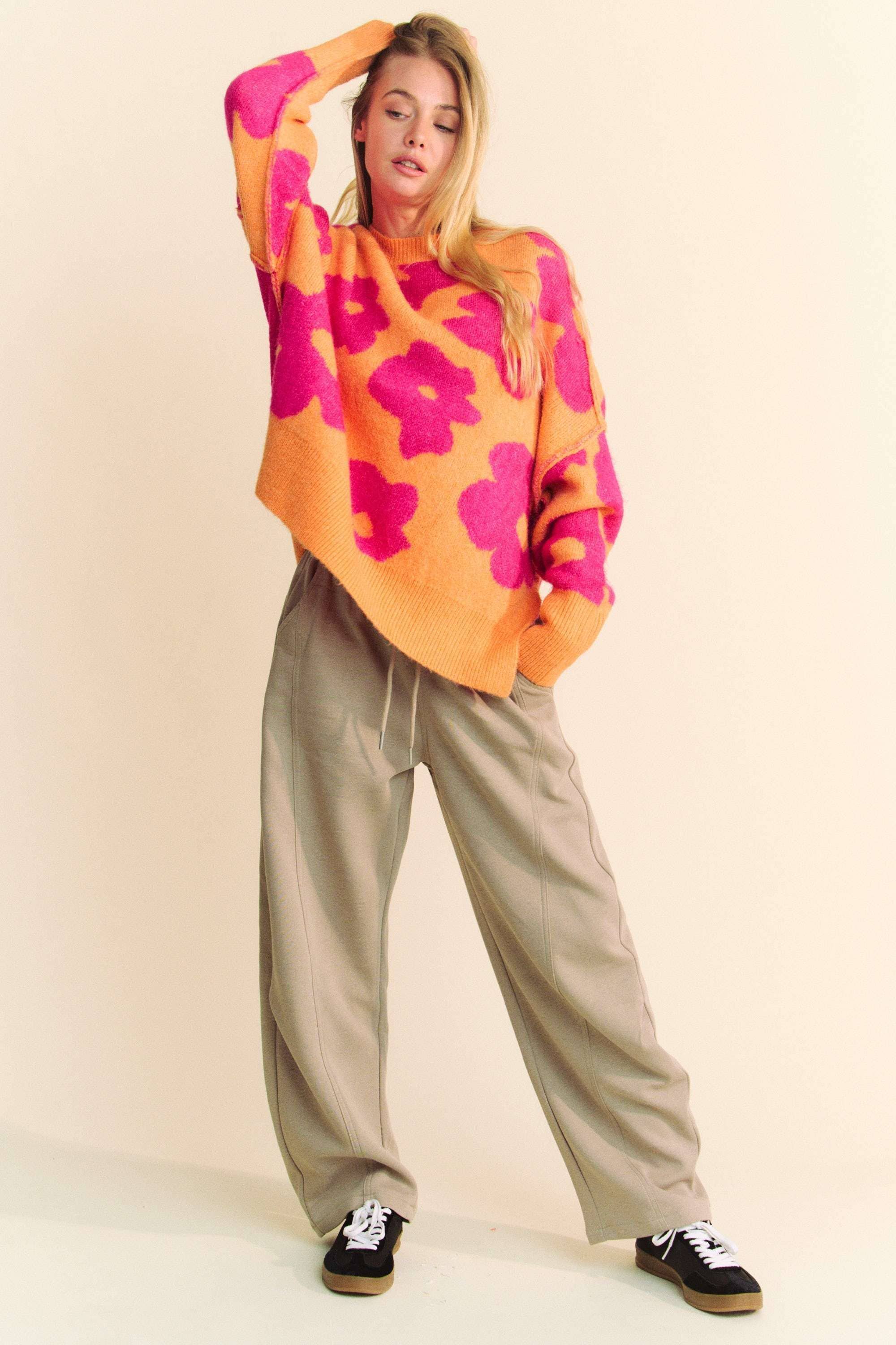 FLORAL LONG SLEEVE LOOSE FIT PULLOVER KNIT SWEATER