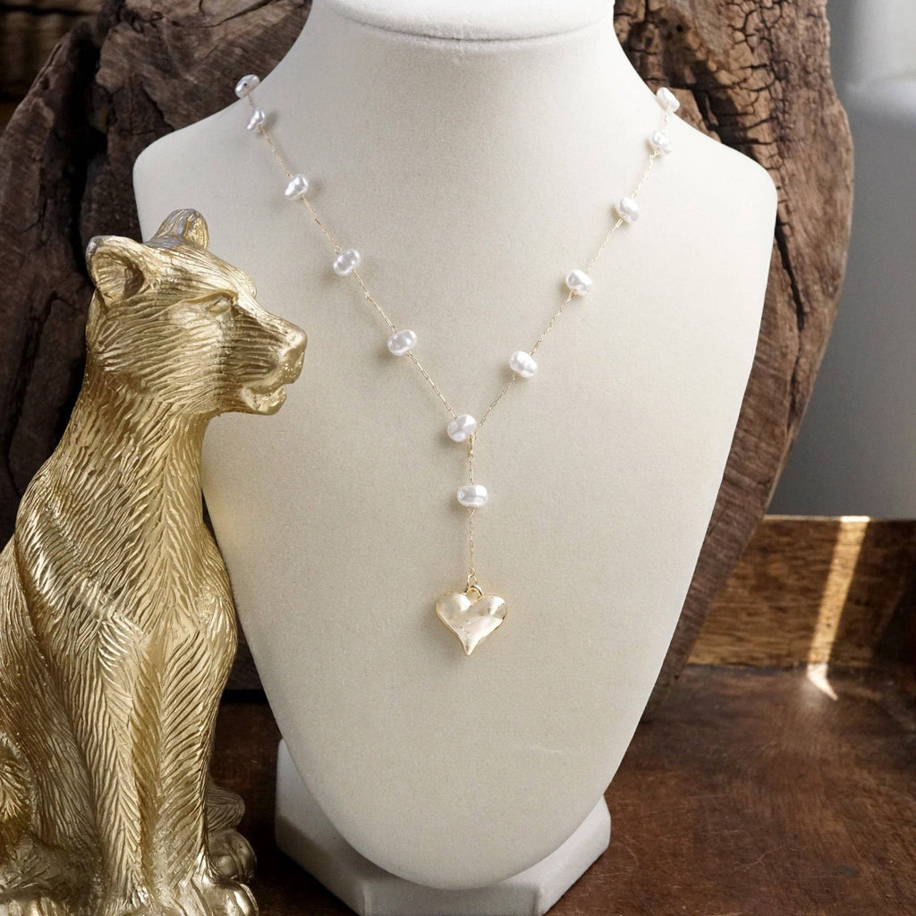 Pearl Lariat Necklace with Puffy Heart Pendant – Gold Tone