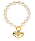 ( W782 )  PUFFY HEART CHARM PEARL CHAIN TOGGLE BRACELET