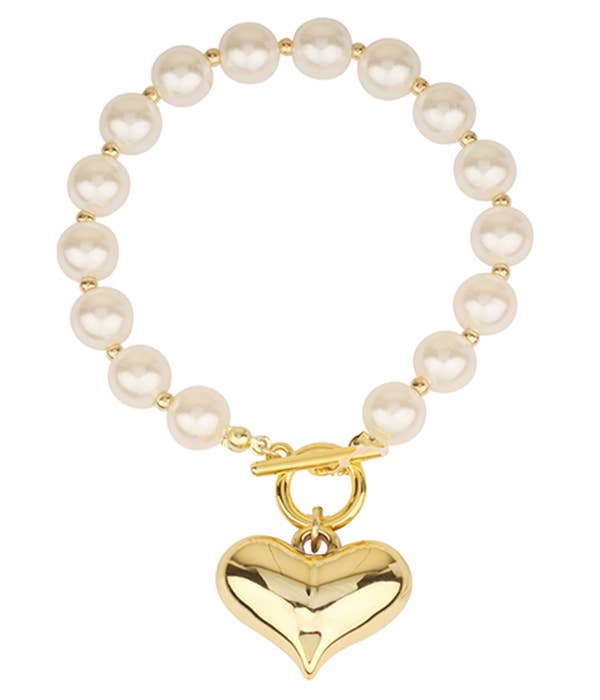( W782 )  PUFFY HEART CHARM PEARL CHAIN TOGGLE BRACELET