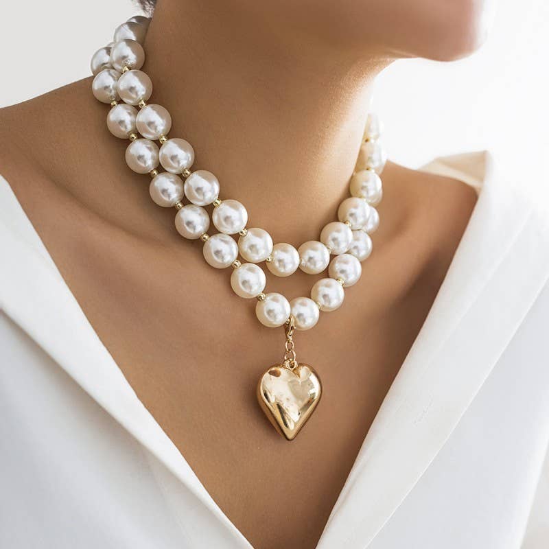 LUSTROUS PEARL BEADED LAYERED HEART NECKLACE | 40NK9456