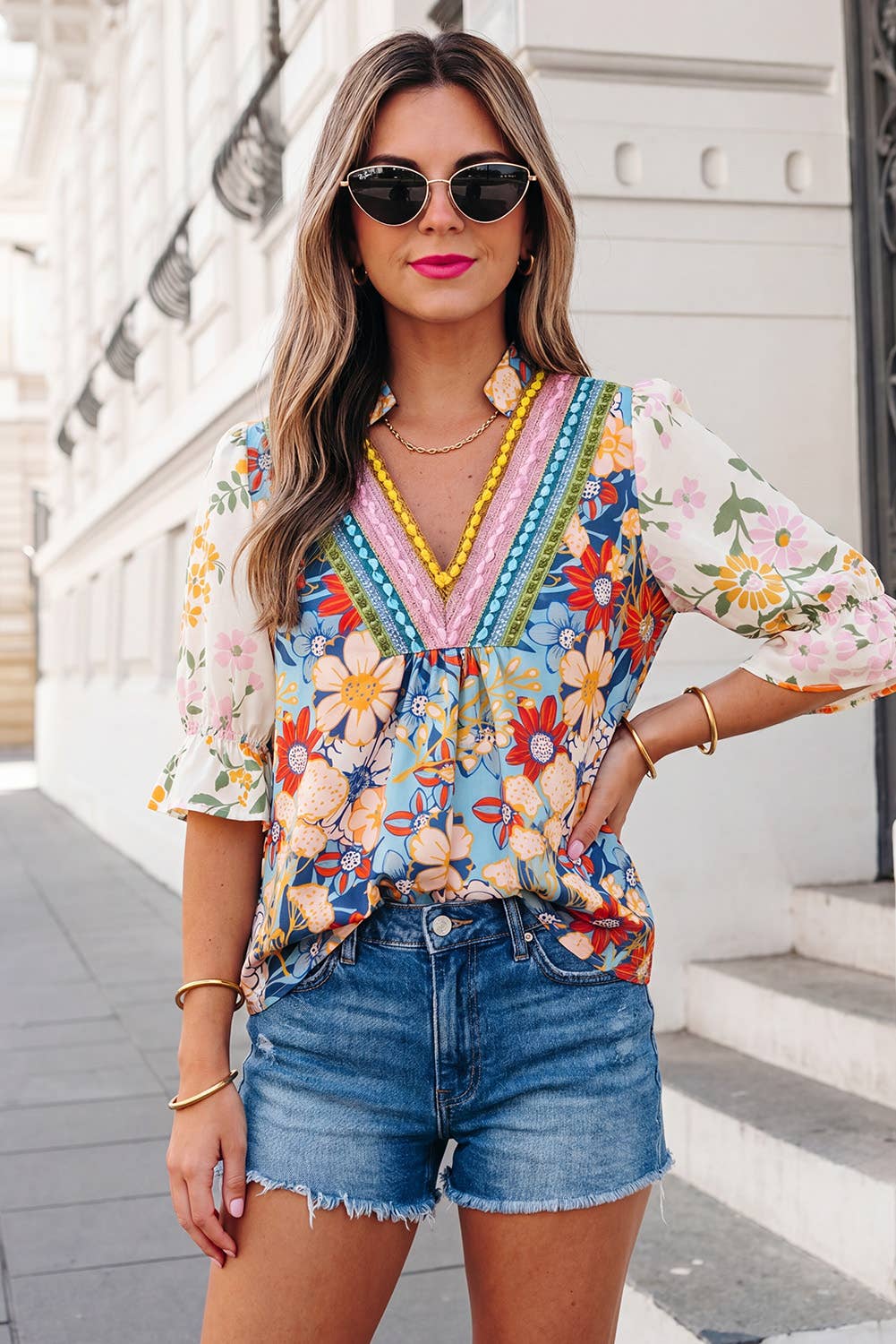 Boho Floral Crochet V Neck Half Sleeve Blouse | S-XL & 1X-4X