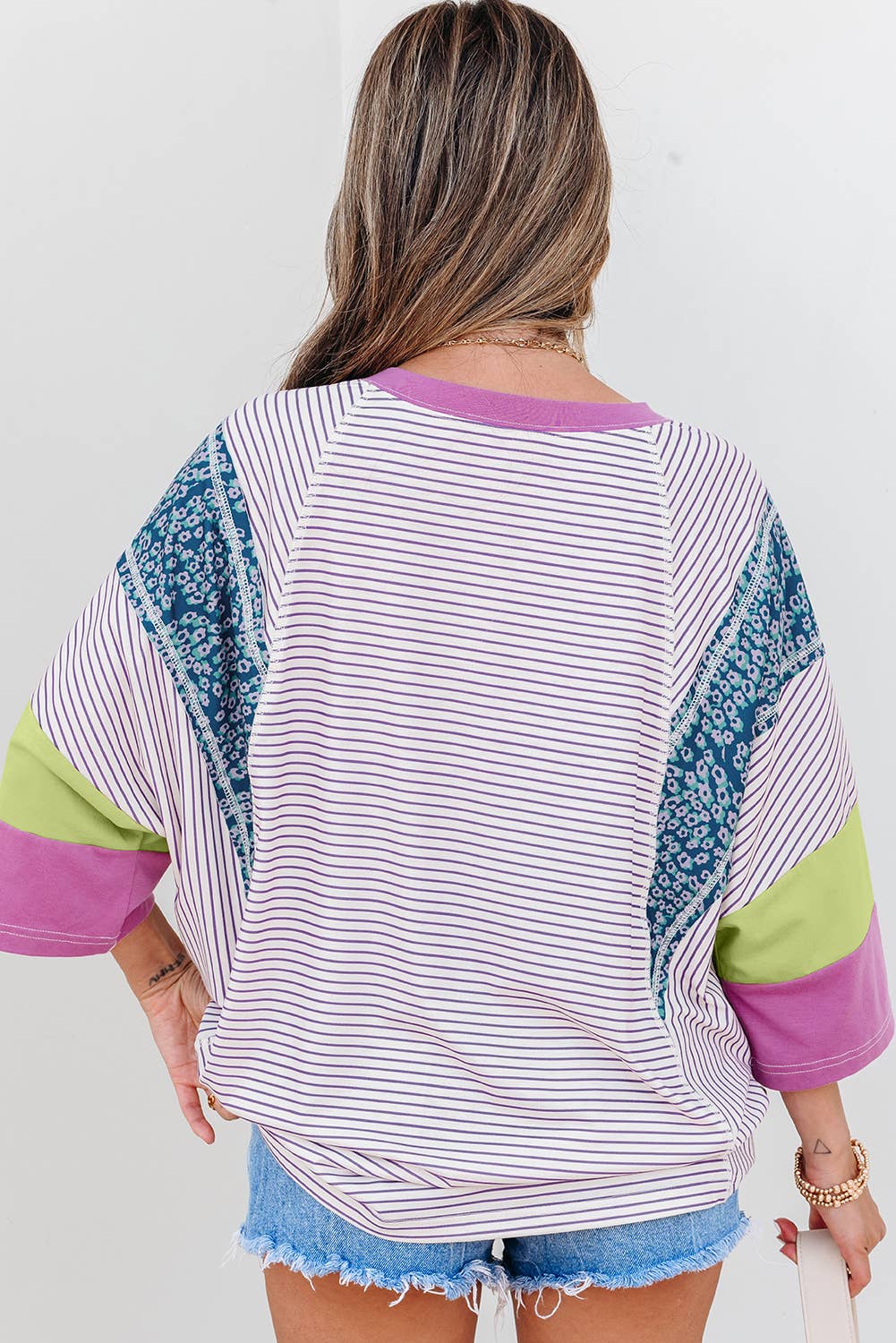 Stripe Floral Raw Edge Patchwork Bracelet Sleeve Top | S-XL